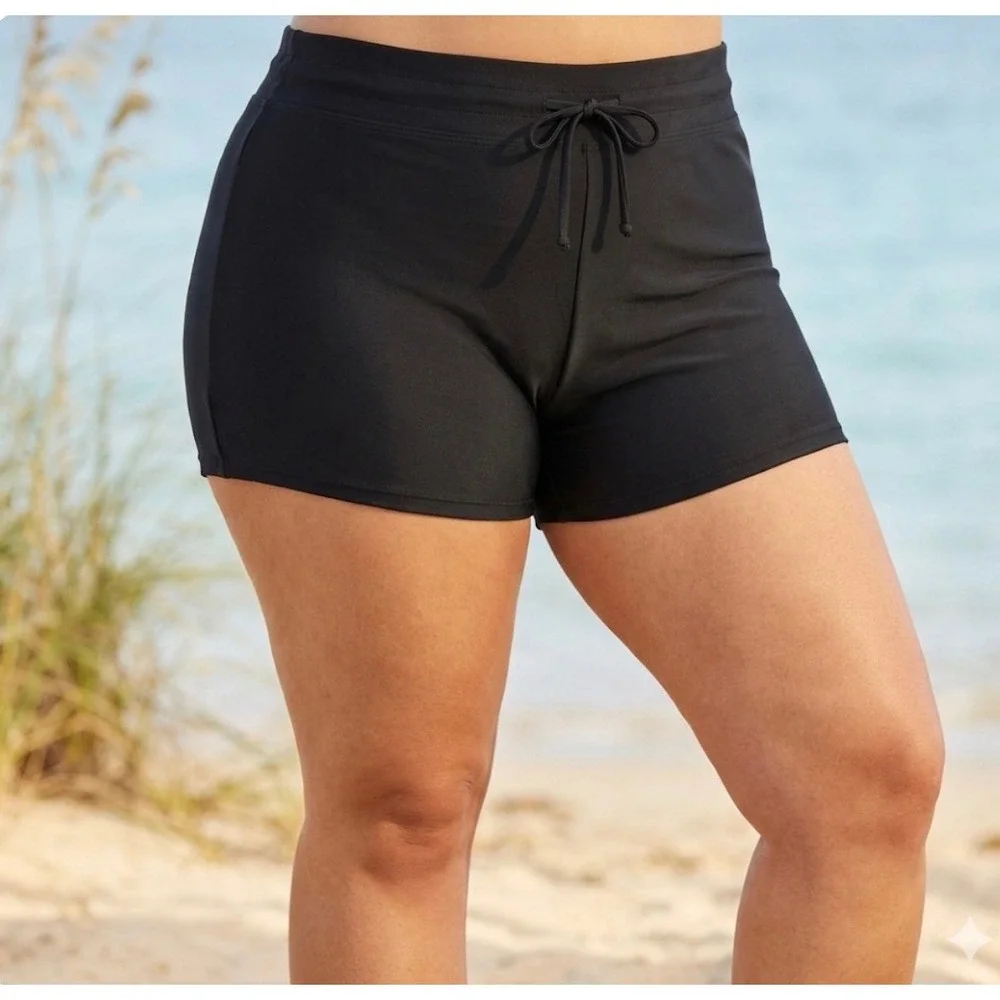 Unbranded Womens Black Solid High‎ Rise Full Coverage Drawstring Swim Shorts 3X